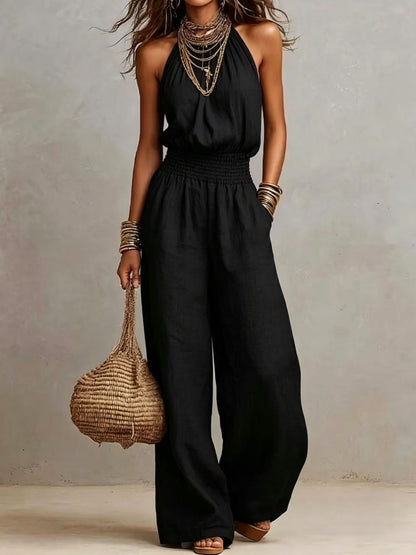 Linen European-style  dress with backless one-piece pants