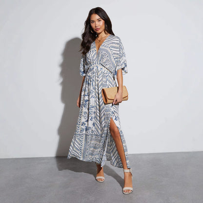 V-Neck Printed A-Line Short Sleeve Dress