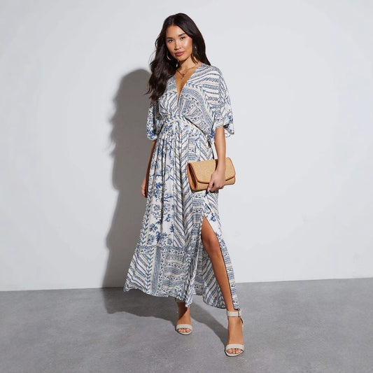 V-Neck Printed A-Line Short Sleeve Dress