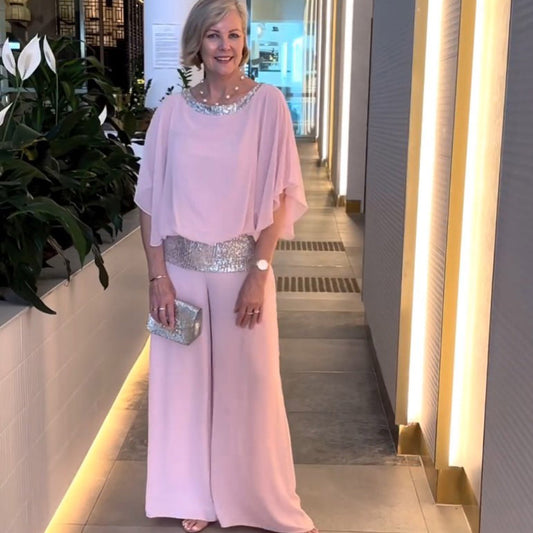 Sequin Bat Sleeve Shirt and Wide Leg Pants Set