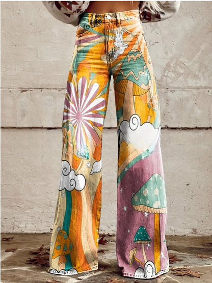 Digital Printed Five-Pointed Star Faux Denim Wide-Leg Pants, 3D Flared Trousers