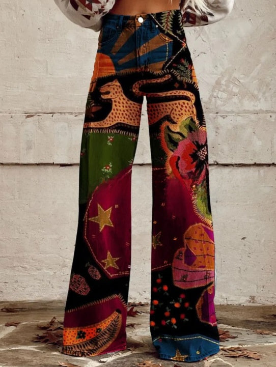 Digital Printed Five-Pointed Star Faux Denim Wide-Leg Pants, 3D Flared Trousers