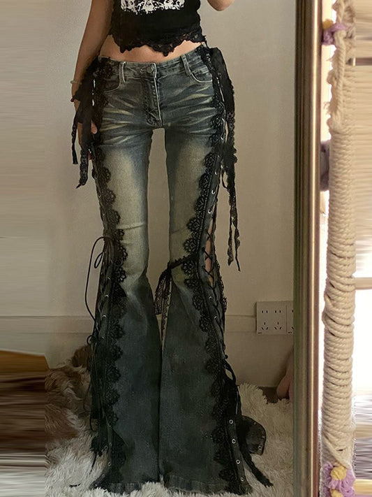 Flared Denim Pants with Lace
