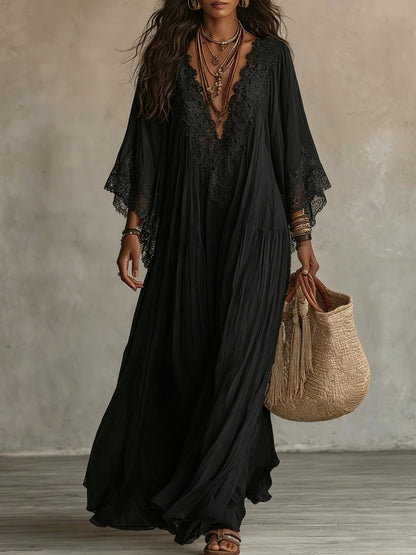 Lace Patchwork V-Neck Long Dress