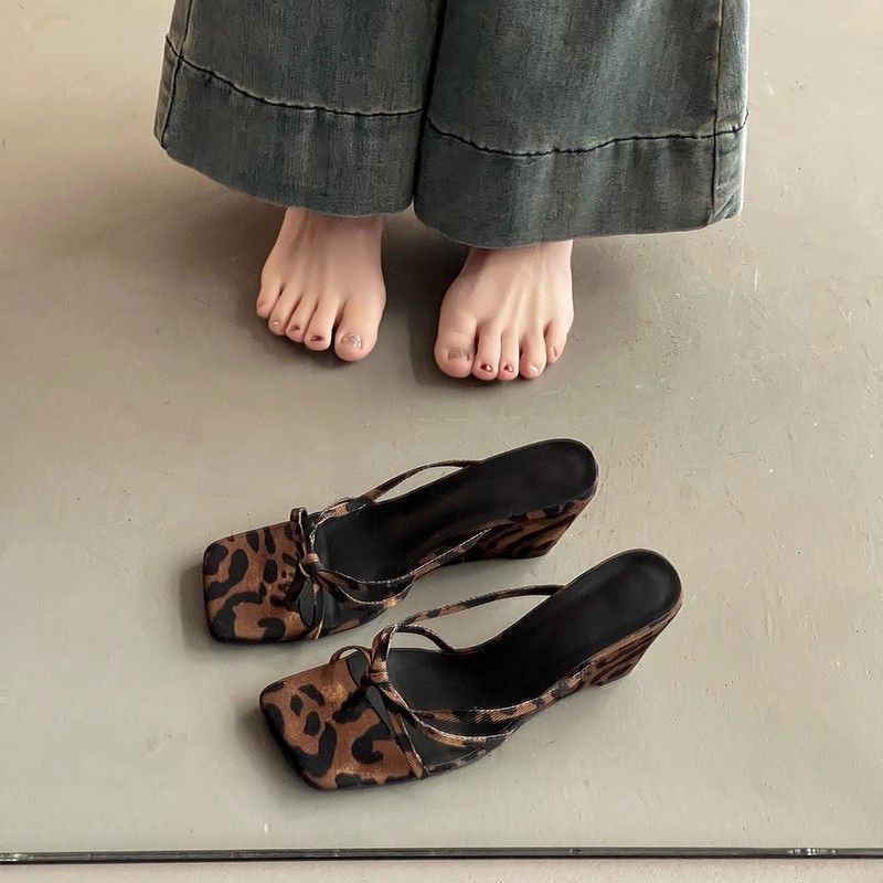 Leopard Print High Heel Wedge Sandals