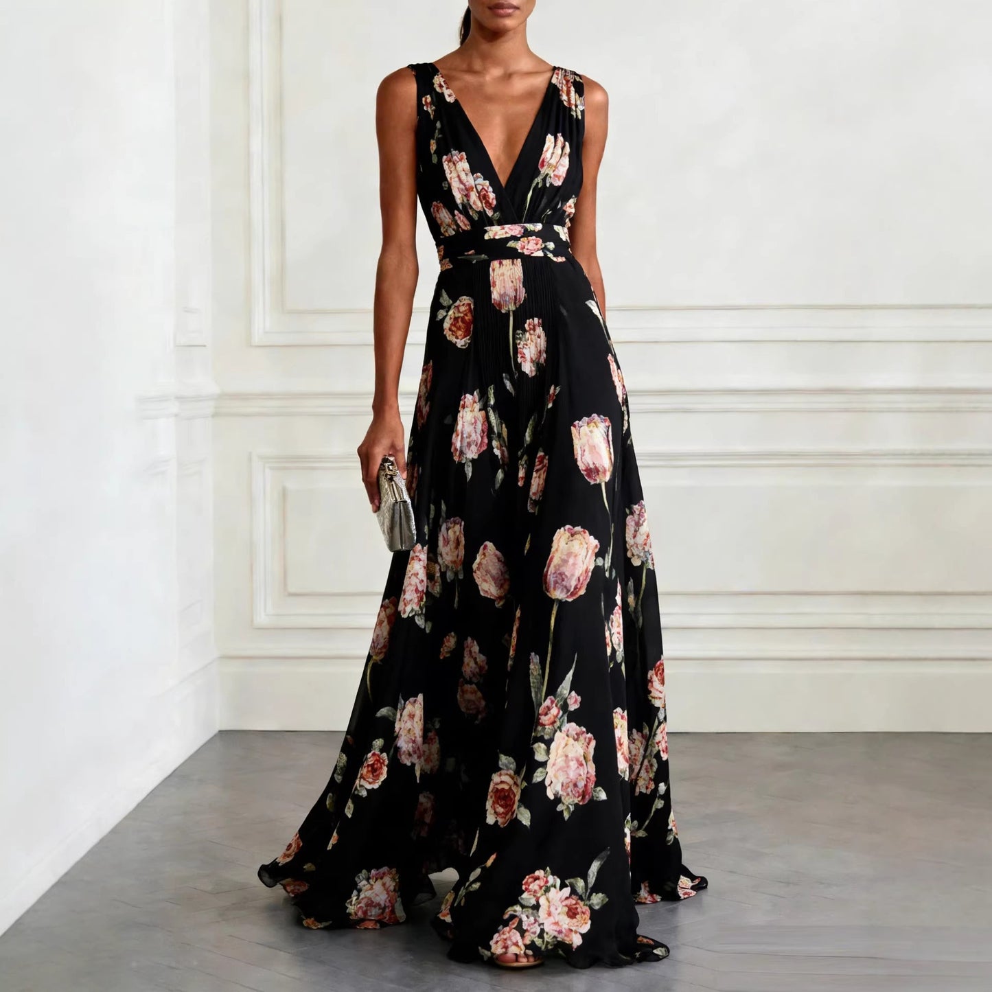 Floral Print V-Neck Sleeveless Long Dress