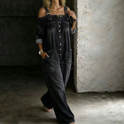 Off-Shoulder Denim Wide-Leg Jumpsuit