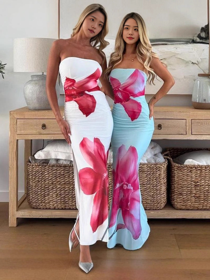 Elegant Slim Fit Floral Print Tube Dress Drip Depot