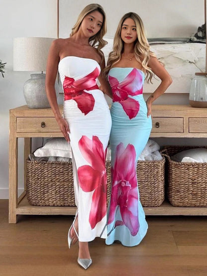 Elegant Slim Fit Floral Print Tube Dress Drip Depot