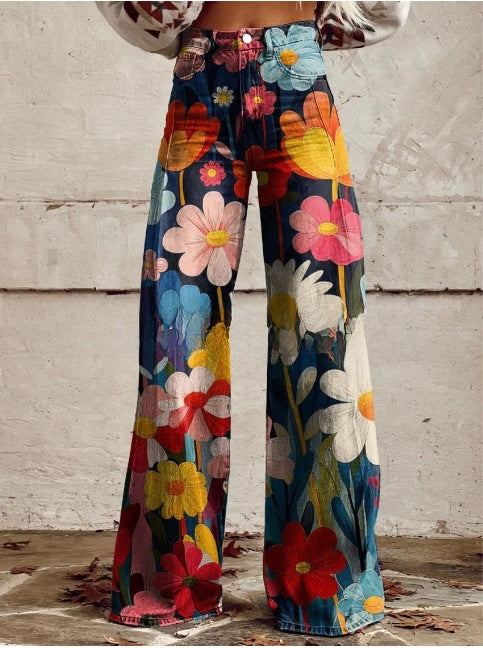 Digital Printed Five-Pointed Star Faux Denim Wide-Leg Pants, 3D Flared Trousers