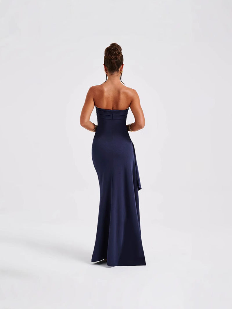 One-shoulder strapless dress with sexy backless design and high slit