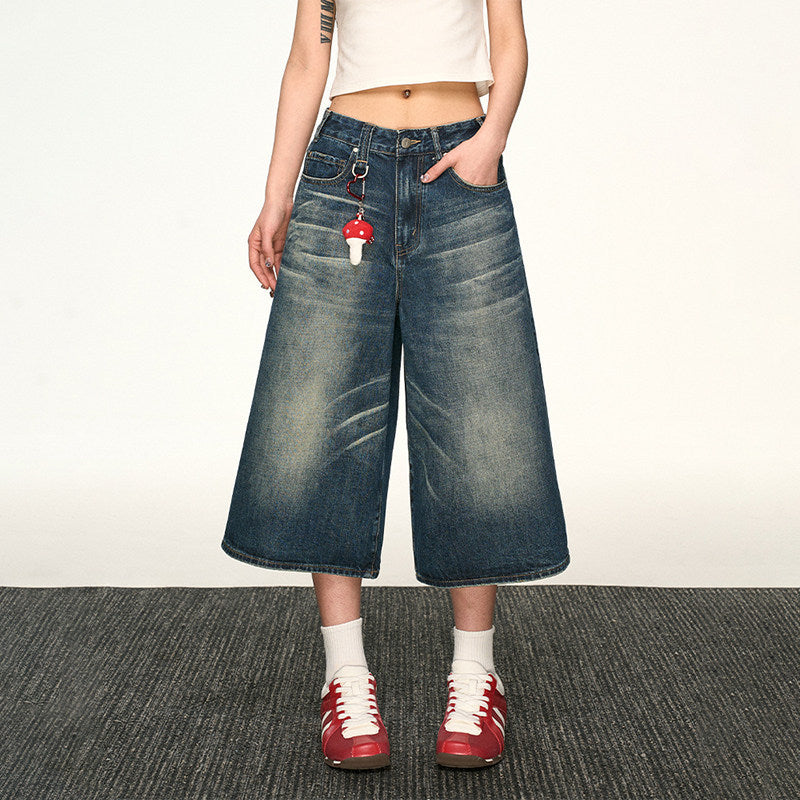 Vintage Washed Denim Wide-Leg Cropped Pants Drip Depot
