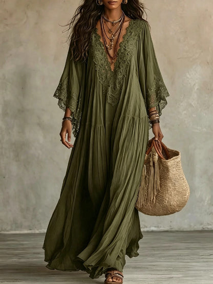 Lace Patchwork V-Neck Long Dress