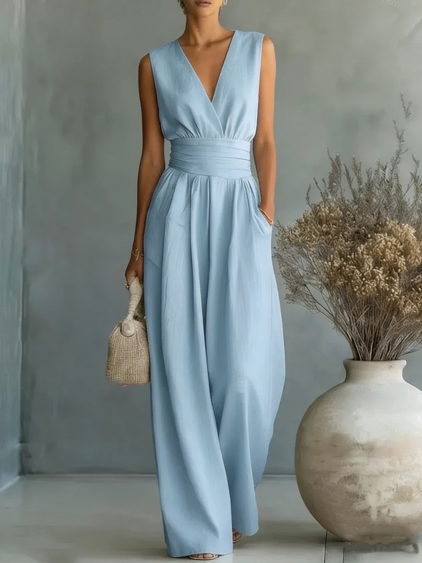 Elegant V-Neck Wide Leg Jumpsuit