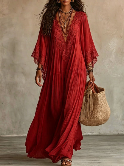 Lace Patchwork V-Neck Long Dress