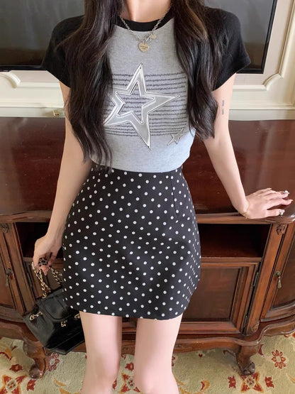 Women's High Waist A-line Skirt with Wave Dot Pattern