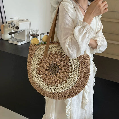 Round Woven Straw Tote Bag