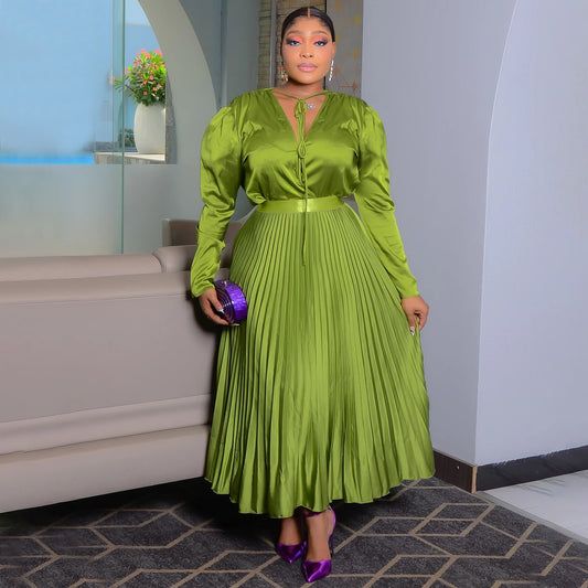 Plus Size Long Sleeve Pleated Skirt Suit with Lace-Up Detail