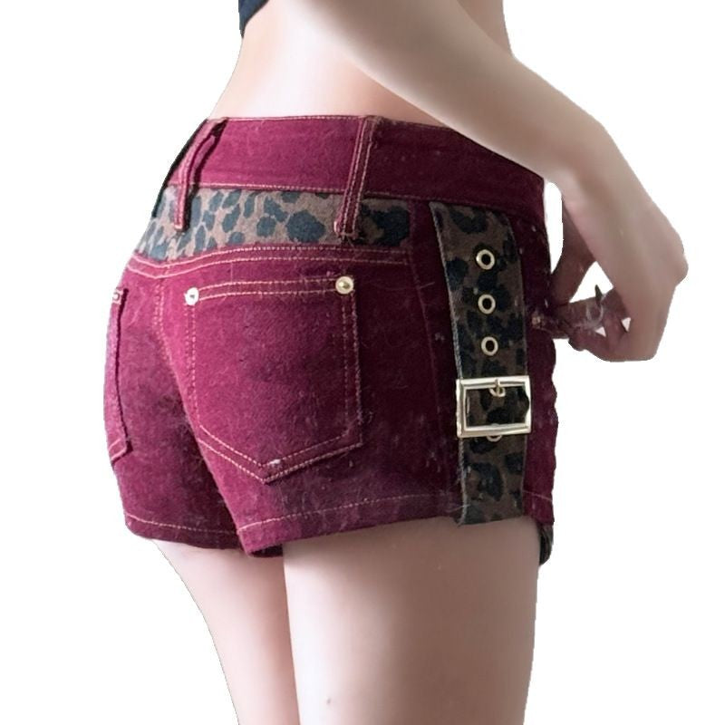 Low Waist Denim Shorts with Leopard Print