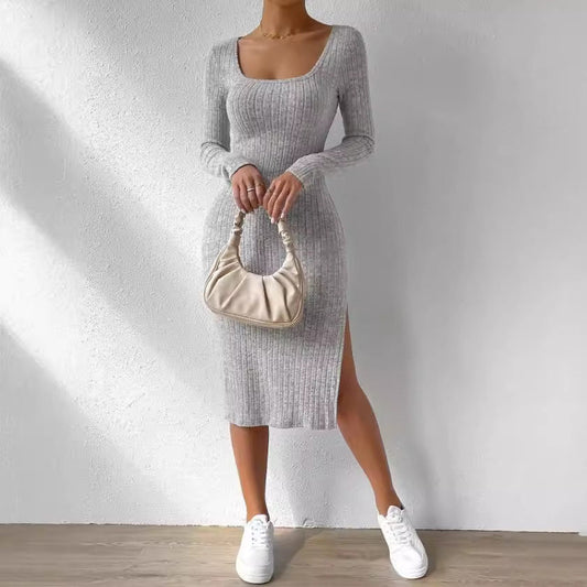 Women's Solid Color Polyester Dress with Square Collar
