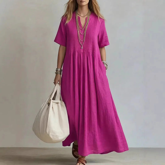 Women's V-Neck Pleated Cotton Linen Dress Drip Depot