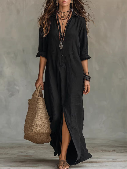 Womens Casual Solid Color V-Neck Slit Dress
