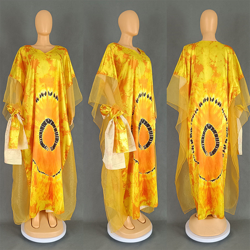 African Ethnic Print Mesh Long Dress with Headscarf
