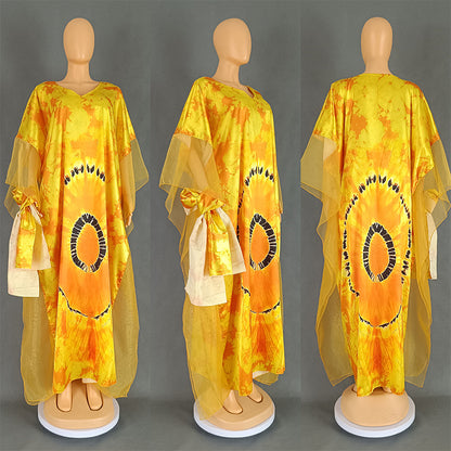 African Ethnic Print Mesh Long Dress with Headscarf