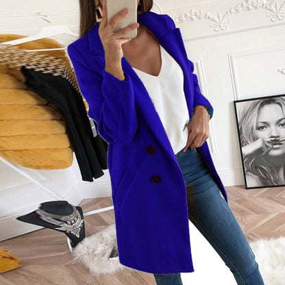 Solid Color Lapel Mid Length Button Wool Coat