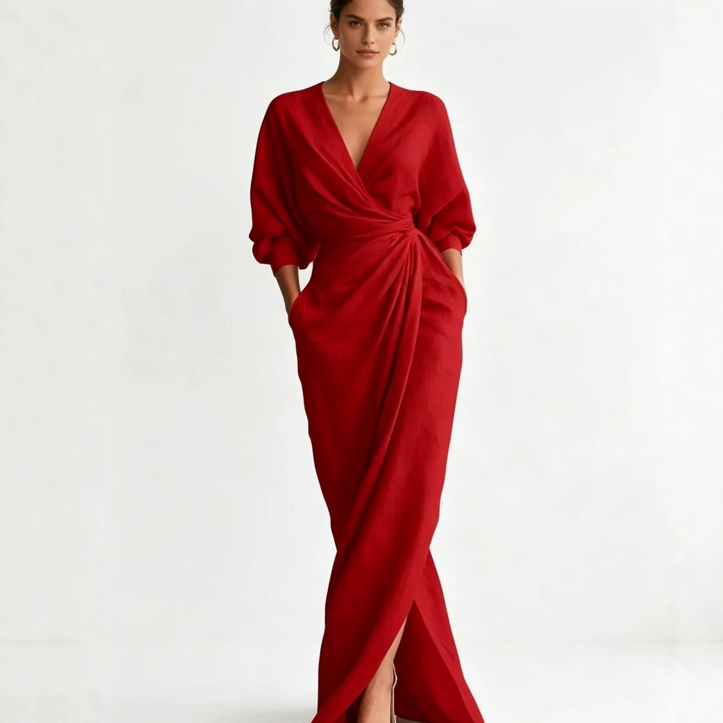 Solid Color V-Neck Long Sleeve Dress