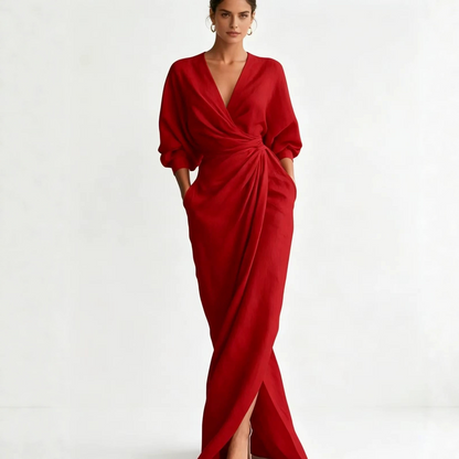 Solid Color V-Neck Long Sleeve Dress