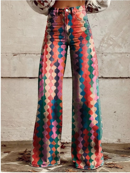 Digital Printed Five-Pointed Star Faux Denim Wide-Leg Pants, 3D Flared Trousers