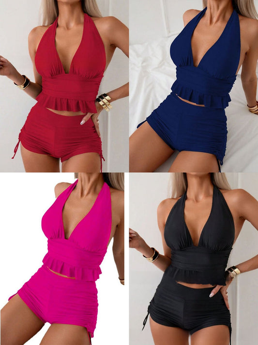 Solid-color sexy ruffled swimsuit