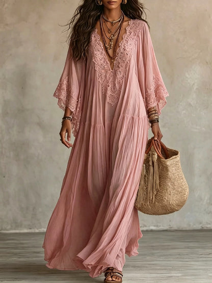 Lace Patchwork V-Neck Long Dress