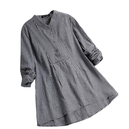 Plaid Stand Collar Pullover Shirt Long Sleeve  Top