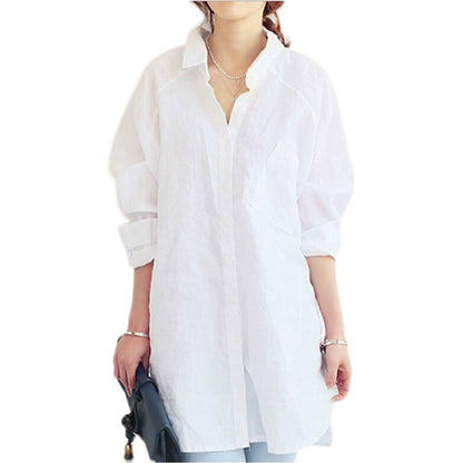 Shirt Loose Plus Size Long Cotton Linen Textured Dress Shirt Style