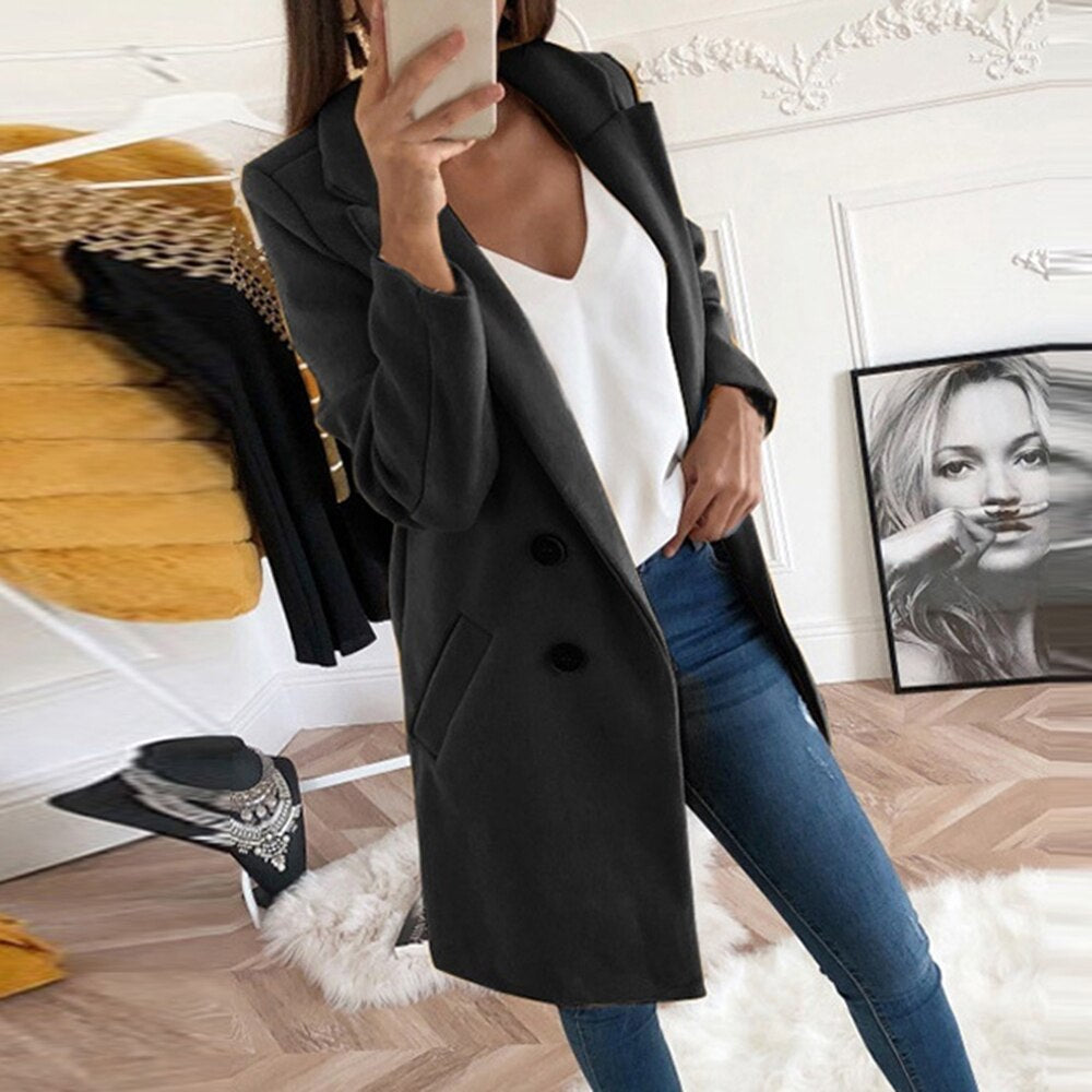 Solid Color Lapel Mid Length Button Wool Coat