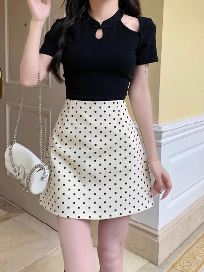 Women's High Waist A-line Skirt with Wave Dot Pattern