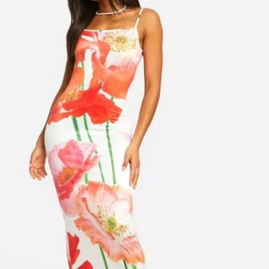 Floral Print Suspender Slit Dress Drip Depot