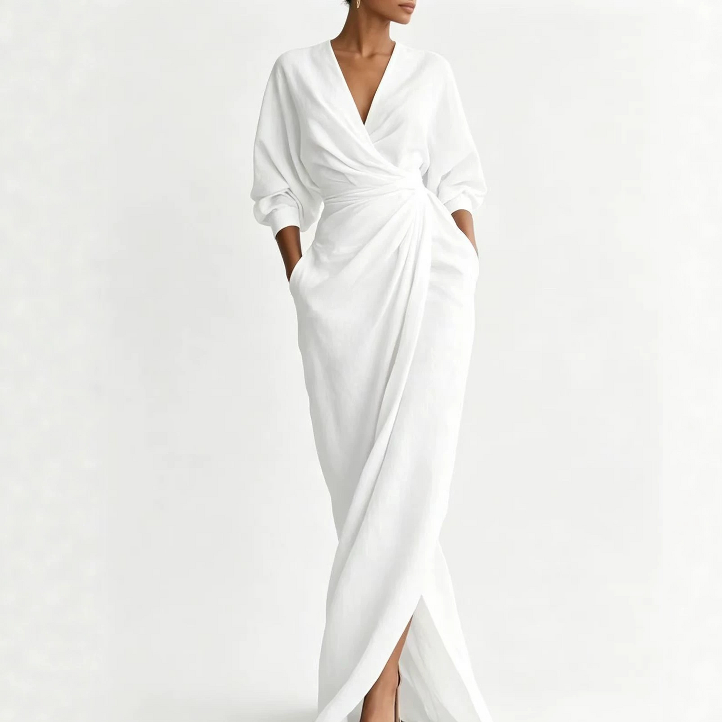 Solid Color V-Neck Long Sleeve Dress