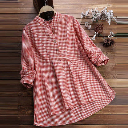 Plaid Stand Collar Pullover Shirt Long Sleeve  Top