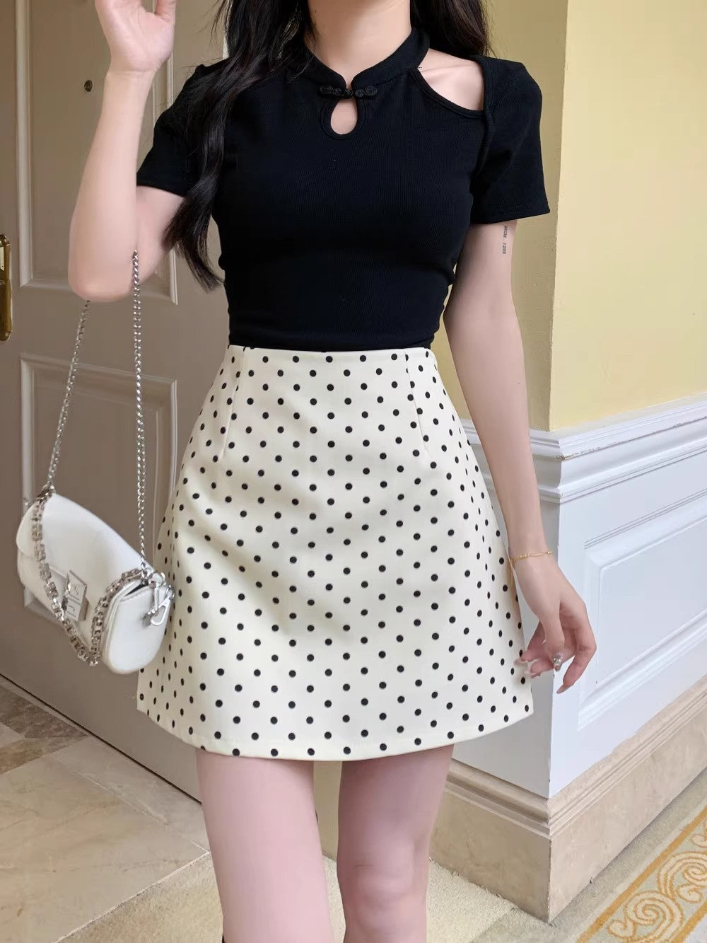 Women's High Waist A-line Skirt with Wave Dot Pattern