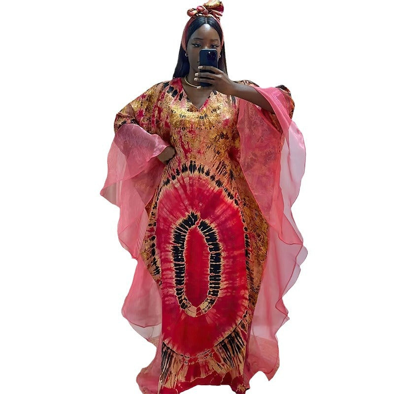 African Ethnic Print Mesh Long Dress with Headscarf