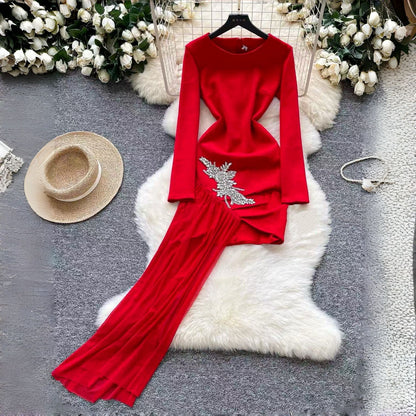 Diamond Rhinestone Slim Fit Long Sleeve Dress