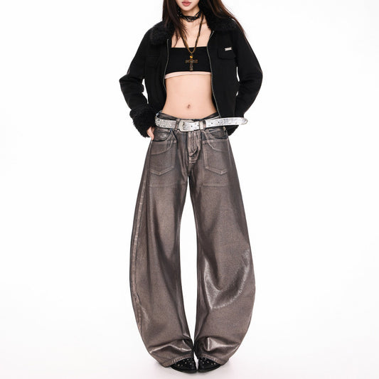 Silver Embellished Denim Wide Leg Pants