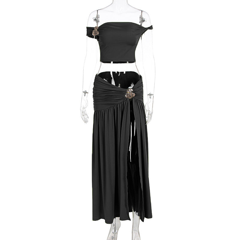 Sexy One-Shoulder Crop Top and Ruched Skirt Set