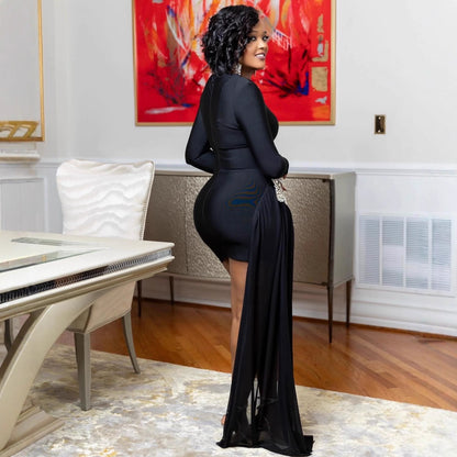 Diamond Rhinestone Slim Fit Long Sleeve Dress
