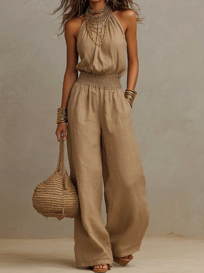 Linen European-style  dress with backless one-piece pants