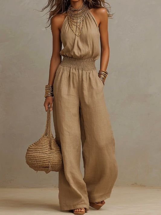 Linen European-style  dress with backless one-piece pants