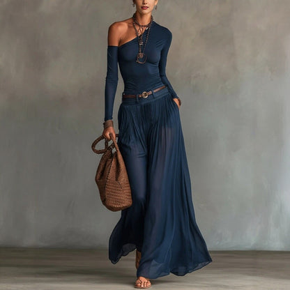 Solid Color Simple One-Shoulder Long-Sleeve Casual Set Long Dress